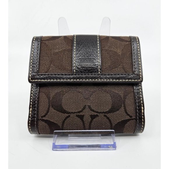 Coach Dark Chocolate Brown Signature Canvas Leather Tri-Fold Snap Wallet - Picture 1 of 13